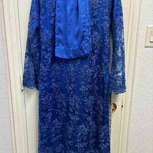 Elegant Blue Lace Dress with Scarf